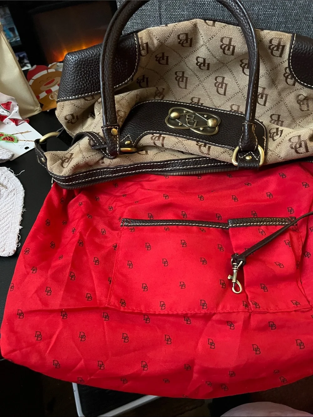 Dooney & Bourke Beige Satchel with Brown Trim and DB Monogram
